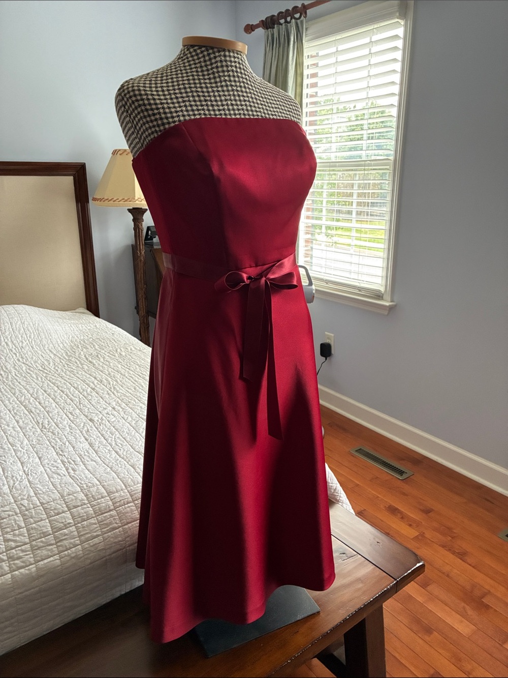 Ann Taylor Strapless Crimson Satin A-Line Dress with Waist Tie